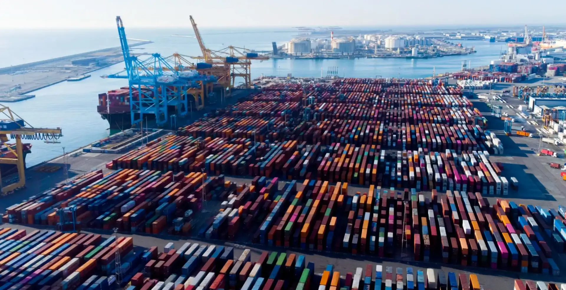 Aerial view of colorful shipping containers at port